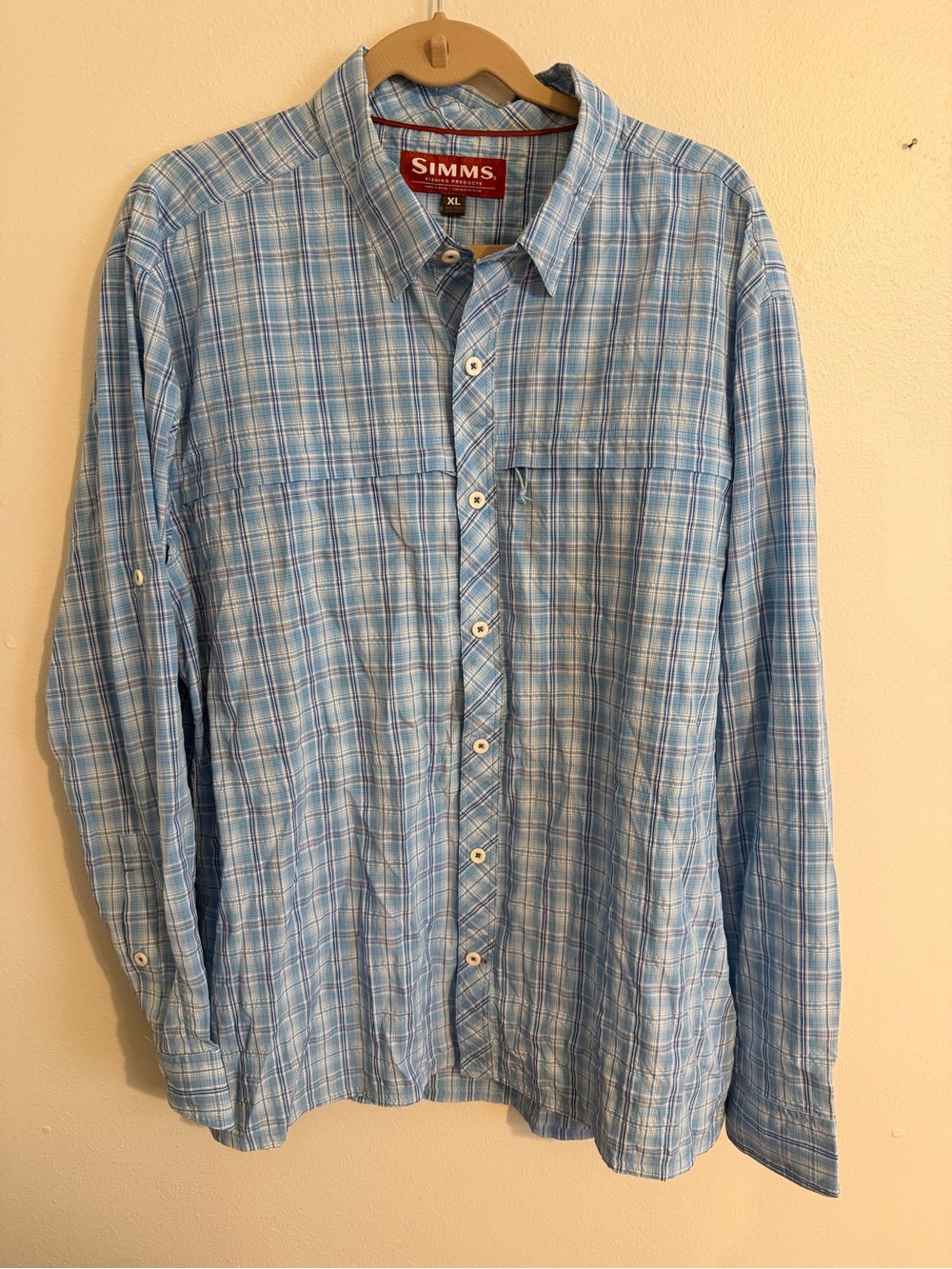 Simms Men’s Sky Blue Plaid Button-Down Performance Shirt (size XL)